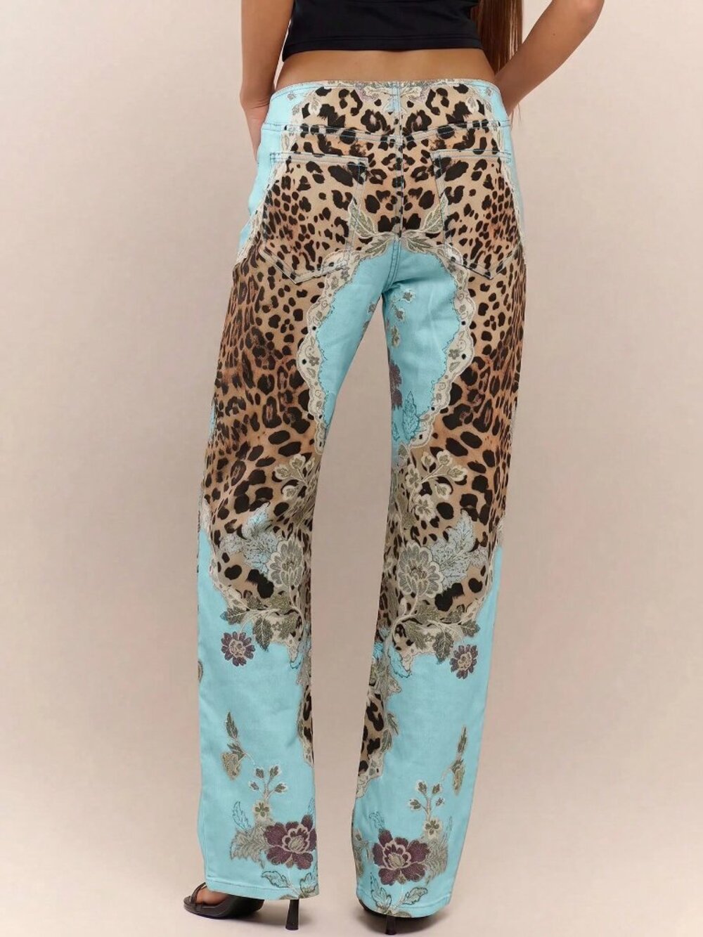 Blue Casual Women's Leopard Print Lace Up Straight Leg Printed Jeans - Picture 2 of 5